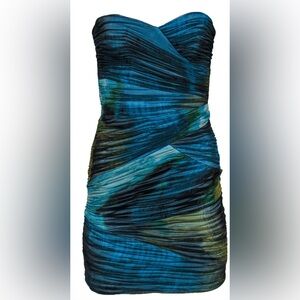 BCBG Max Azria Marble blue and green Ruched Tulle strapless dress size 2